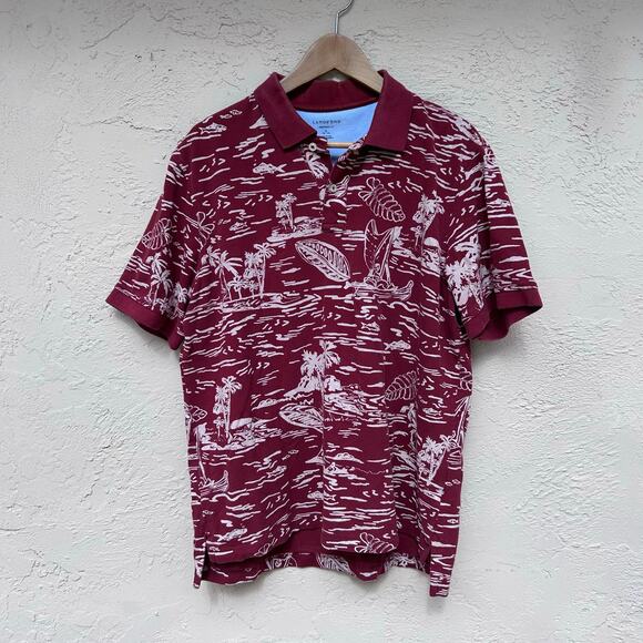 Lands’ End Maroon Hawaiian Print Polo Shirt Surf Palm Trees Men’s L - Picture 1 of 4